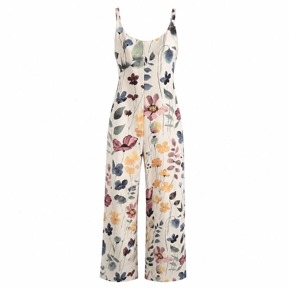 NWOT S EMERY ROSE Watercolor Floral Jumpsuit Wide Leg Spaghetti Strap Boho
